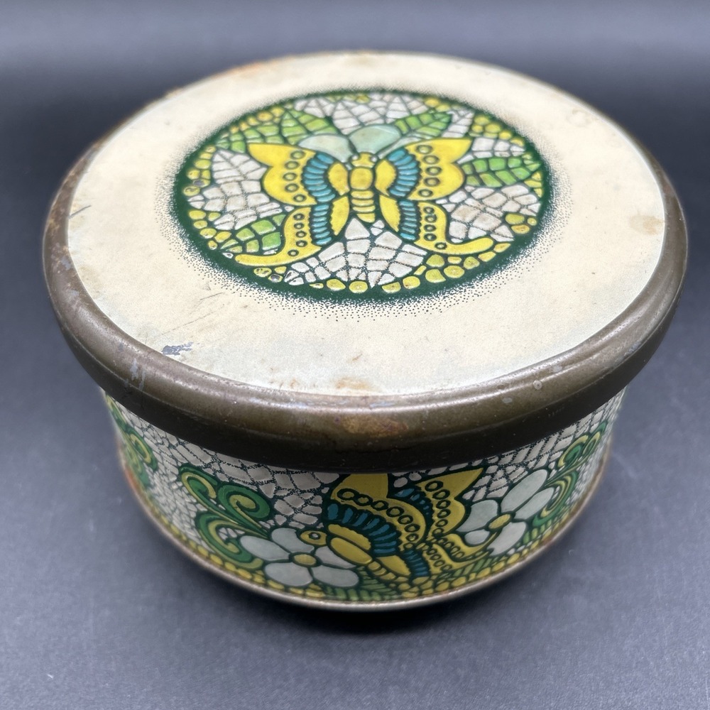 Vintage Metalma Brazil Mosaic Tin Box Round Butterfly & Floral Litho Mid Century
